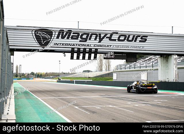 16 March 2022, France, Magny-Cours: The lettering ""Magny-Cours International Circuit / Nevers France"" can be seen on the start and finish straight while a...