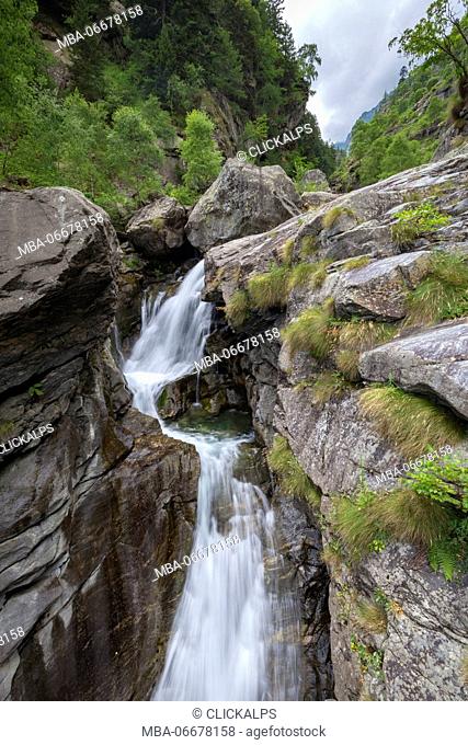 Waterfall of the torrent Troncone from Lake Campliccioli to Lake Antrona, Valle Antrona, Piedmont, Italy