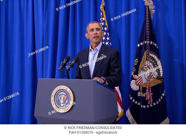 United States President Barack Obama makes remarks on the murder of journalist James Foley by ISIS at the press filing center at the Edgartown School in...