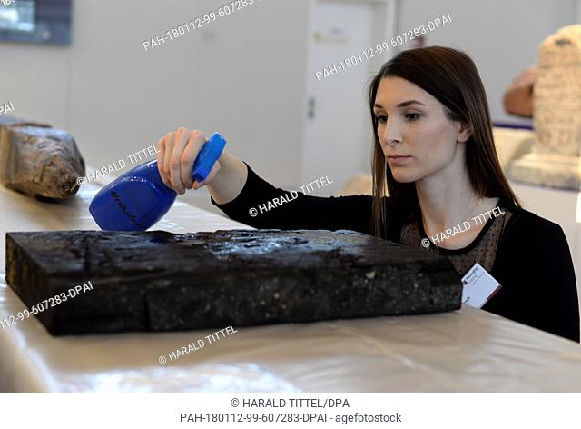 Museum employee Sarah Bruch sprays a piece of oak wood from the founding of the Roman city wall of Trier, which was found close to the Porta Nigra