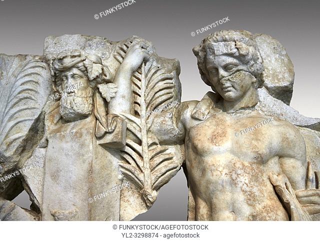 Detail of a Roman Sebasteion relief sculpture of Agon Aphrodisias Museum, Aphrodisias, Turkey. . . The scene is an allegory of the athletic contest (or agon)