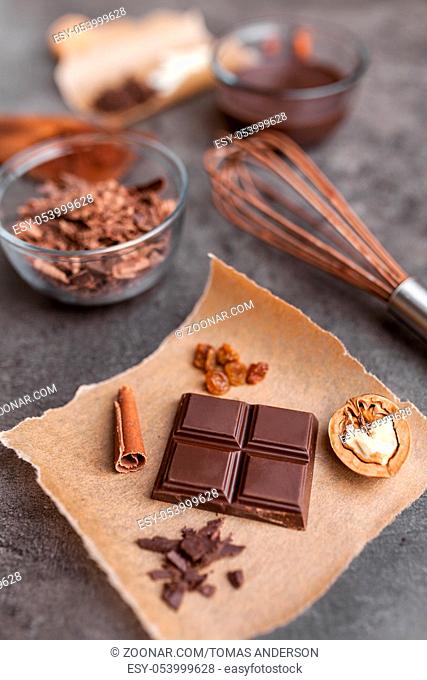 Delicious and sweet variety of chocole on rustic background