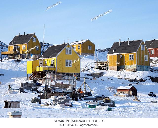 The fishing village Ikerasak during winter in the Uummannaq fjordsystem north of the polar circle. America, North America, Greenland, Denmark