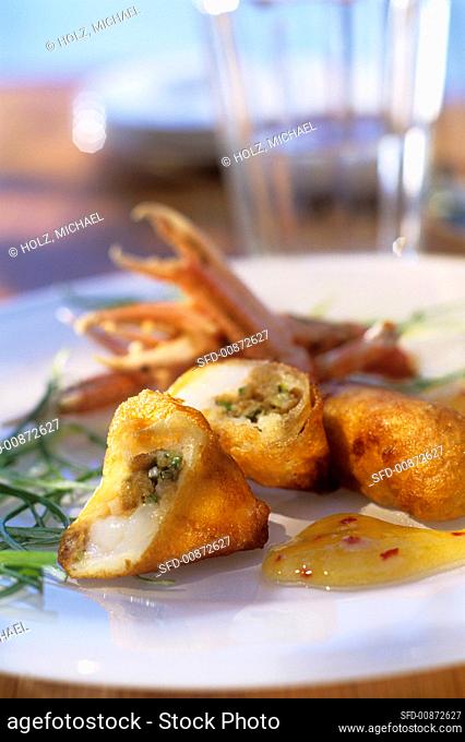 Scampi (Norway lobsters) in batter with mango sauce