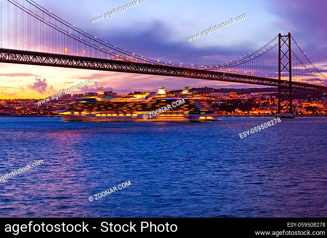 25th of April Bridge and ship - Lisbon Portugal - architecture background