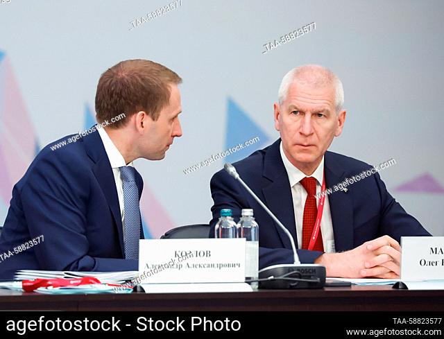RUSSIA, MINERALNYE VODY - MAY 3, 2023: Russia's Natural Resources and Environment Minister Alexander Kozlov (L) and Russia's Sports Minister Oleg Matytsin...