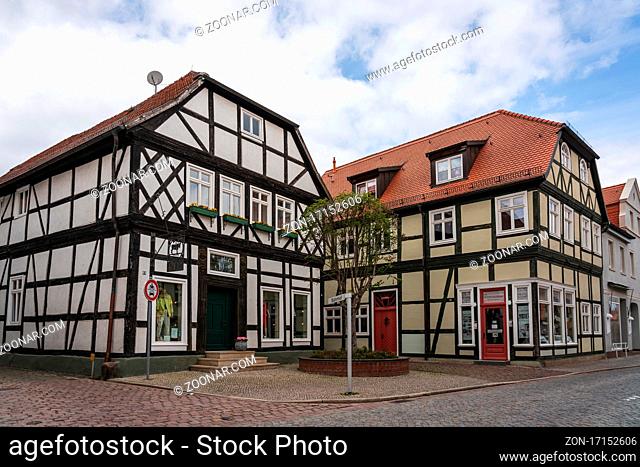 TANGERMUENDE, GERMANY - APRIL 24, 2021: Old street of a historic town of Tangermuende. Saxony-Anhalt state