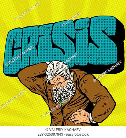 Antique Atlas strong man businessman pop art retro style. Greek image in the business. stone text crisis. Mighty old man. Boss the head of the company