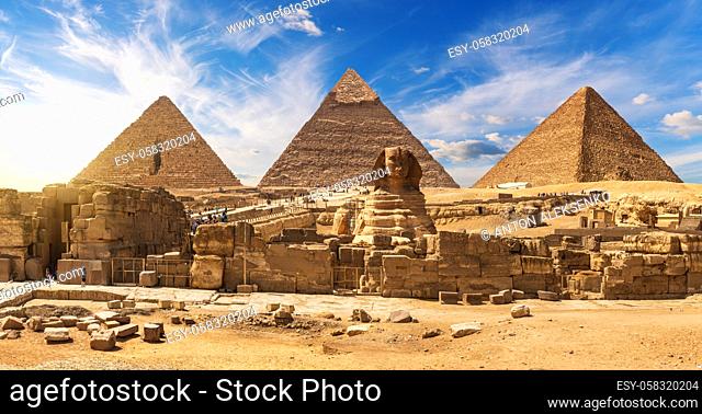 Gorgeous Sphinx in front of the Giza Pyramids, famous Wonder of the World, Egypt