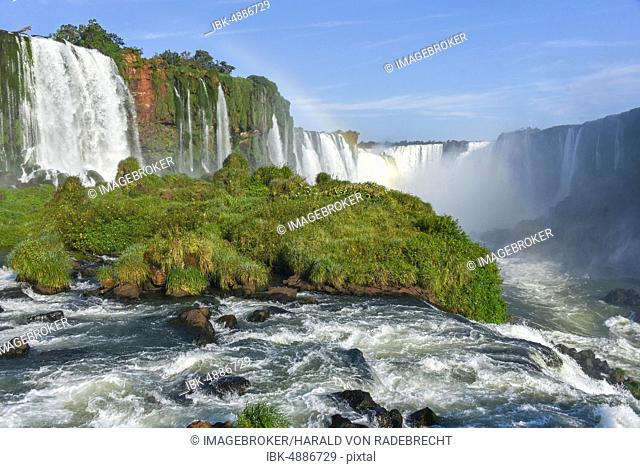 View from the waterfall Salto Santa Maria to the Garganta del diablo with rainbow, devil's throat, Iguazu Falls, Puerto Iguazu, border to Brazil, Argentina