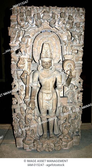 Vishnu , supreme god in the Vaishnavite Hindu tradition. Next to him are his various incarnations. From Kanuaj, India circa 1000 AD. Mythology