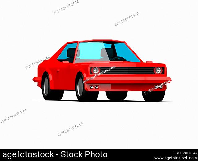 3D llustration Red Race Sport Car, Simple Coupe City Auto Icon, Low Poly Vehicle Transport Concept Isolated on White Background, Polygonal Car Coupe Symbol