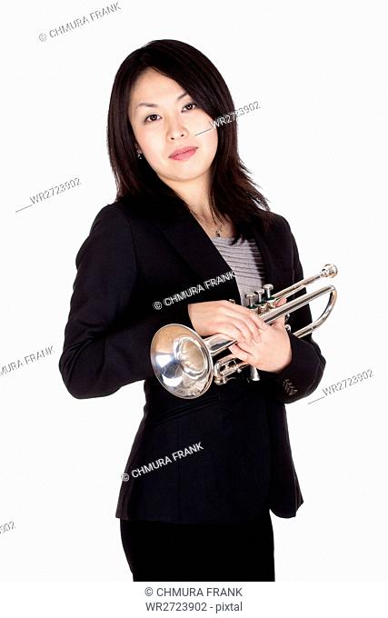 Portrait of a Female Trumpet Player - Isolated on White