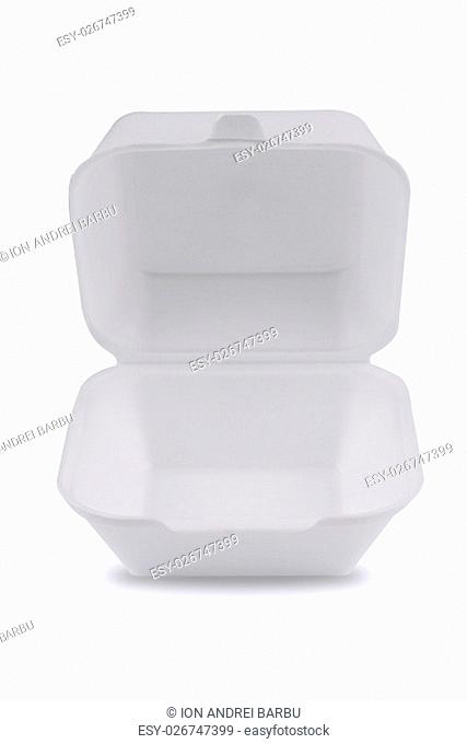 horizontal front view of an open empty white meal foam tray pack isolated