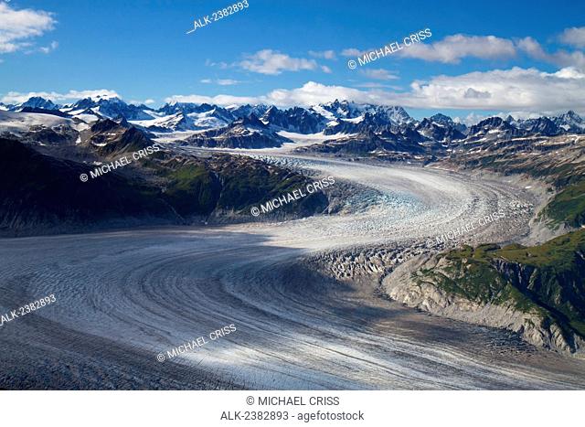 Aerial view of a meandering glacier within Lake Clark Pass, Southcentral Alaska