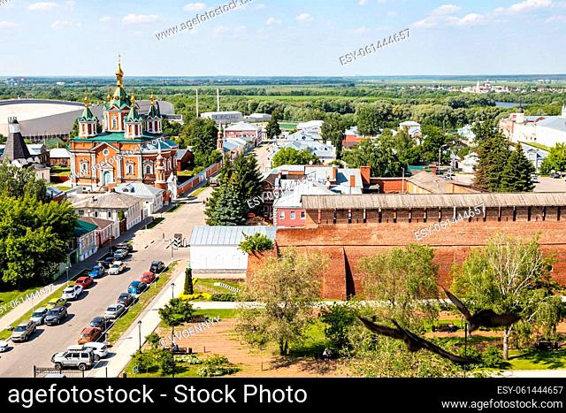 above view of Lazhechnikova Street with Uspenskiy Brusenskiy Monastery in Kolomna Kremlin in Old Kolomna city on summer day from bell tower Church of St John...