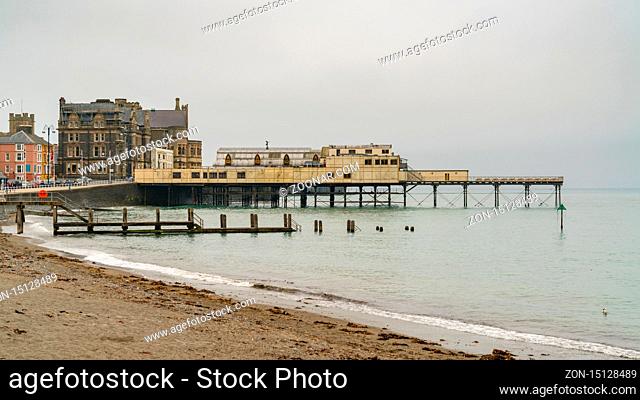 Aberystwyth, Ceredigion, Wales, UK - May 24, 2017: View over the beach, the pier and the old University College