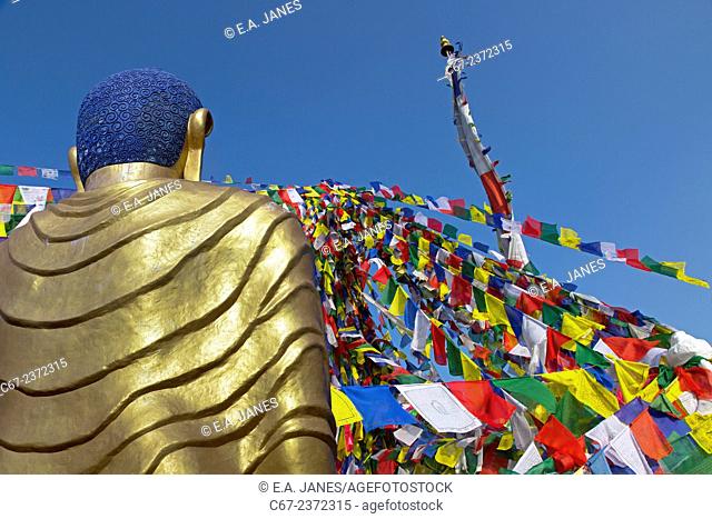 Prayer flags and Golden Buddha at Namo Buddha Shrine on top of a hill at 1982 mtr important pilgrimage centre Panauti Nepal