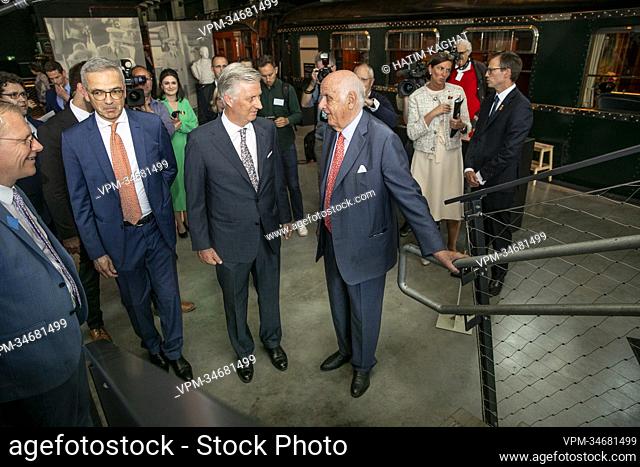 King Philippe - Filip of Belgium and Viscount Etienne Davignon pictured during a royal visit to Train World, for the openning of the new temporary exposition...