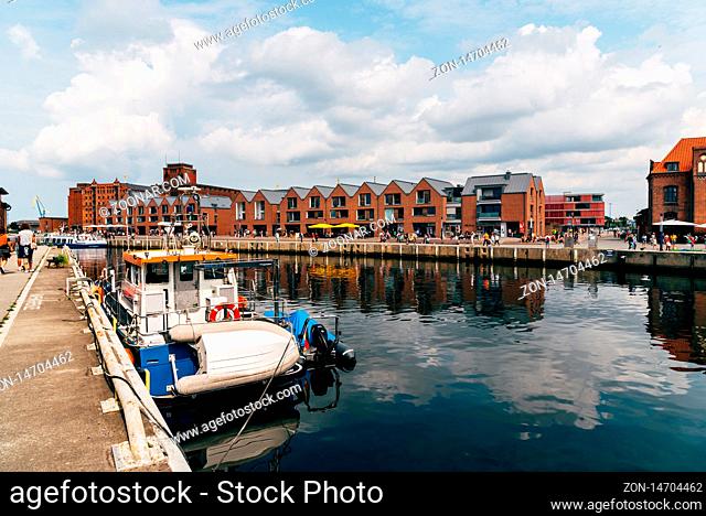 Wismar, Germany - August 2, 2019: The Old Hansa Harbor. Wismar is a port and Hanseatic city in Northern Germany on the Baltic Sea