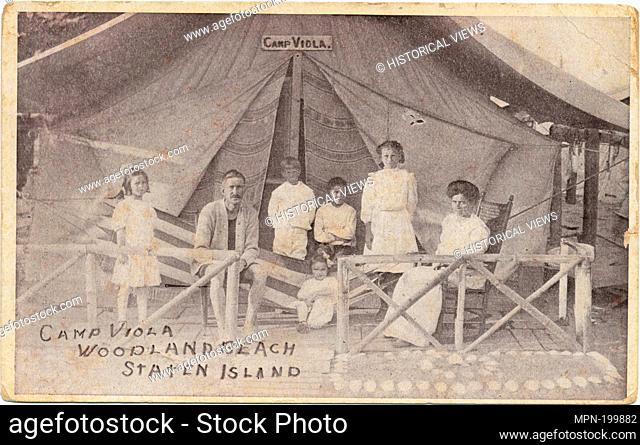 Camp Viola Woodland Beach Staten Island [man, woman, children in front of tent]. Staten Island post cards Beaches (Miscellaneous)