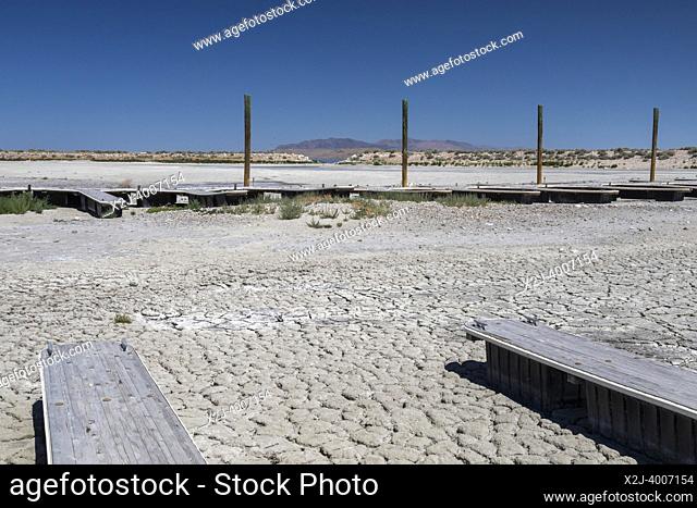 Salt Lake City, Utah - The marina at Antelope Island State Park. The lake's water level has fallen to a historic low