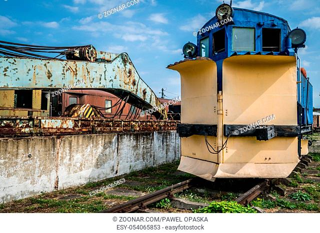 Image of an old disused snow plough train car on the side track