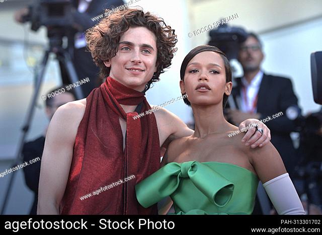 VENICE, ITALY - SEPTEMBER 02: Timothee Chalamet and Taylor Russell attend the ""Bones And All"" red carpet at the 79th Venice International Film Festival on...