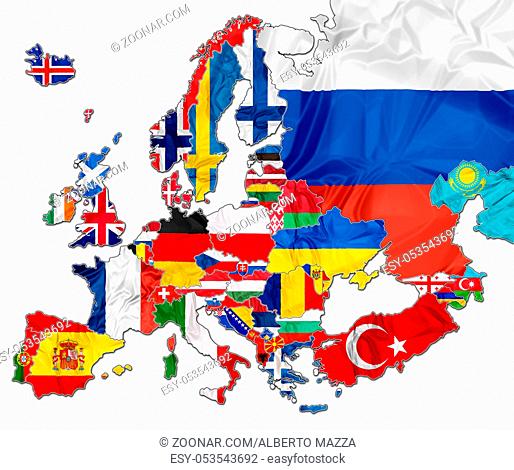 The european national flags in the map of Europe isolated on white background