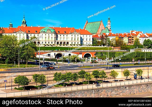 Warsaw, Mazovia / Poland - 2020/05/09: Panoramic view of Stare Miasto Old Town historic quarter with Wybrzerze Gdanskie embankment at Vistula river