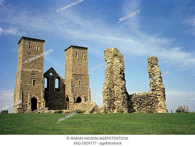 Reculver Roman Fort and towers of Saint Mary's Church in Kent in England in Great Britain in the United Kingdom UK Europe