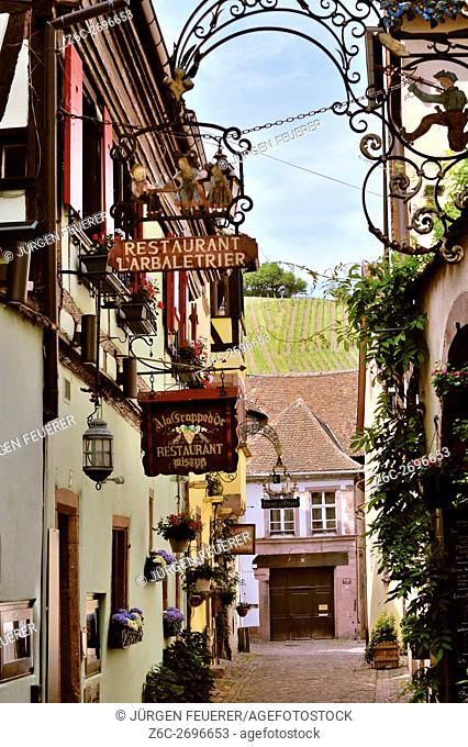 Old picturesque village Riquewihr, village of wine, member of most beautiful villages of France, eastern France, border to Germany