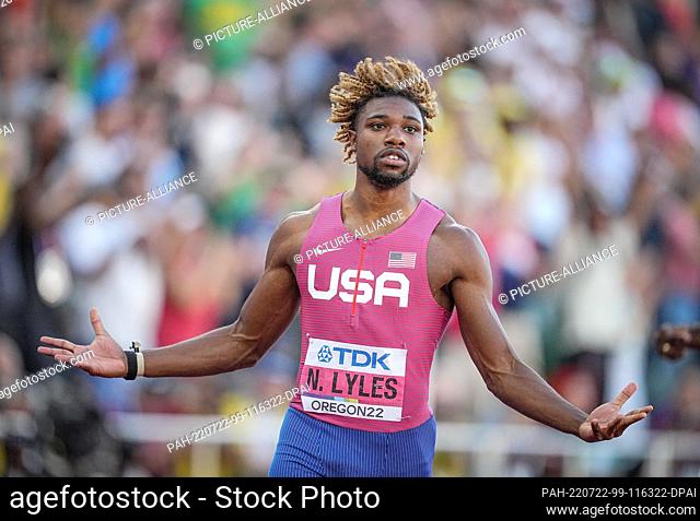21 July 2022, US, Eugene: Athletics: World Championships, 200m final. Noah Lyles, USA, Gold. Photo: Michael Kappeler/dpa. - Eugene/Oregon/US