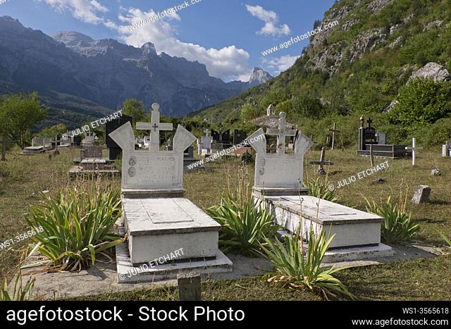 Church and graveyard in the Albanian Alps near Thethi, on the western Balkan peninsula, in northern Albania, Eastern Europe