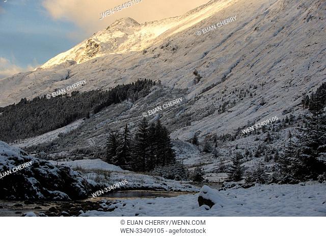 Northern Scotland is hit by snow fall and below freezing temperatures. Featuring: snowy mountains Where: Kyle Of Lochalsh