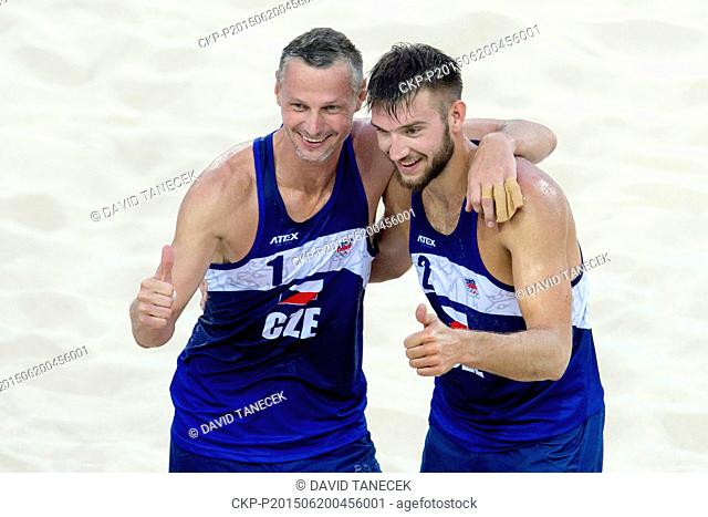 From left Premysl Kubala and Jan Hadrava of Czech Republic celebrate victory in the Men's beach volleyball quarterfinals match Czech Republic vs Switzerland at...