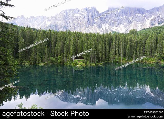 Lake Carezza, Natural landscape in Dolomites Alps, Italy, Europe