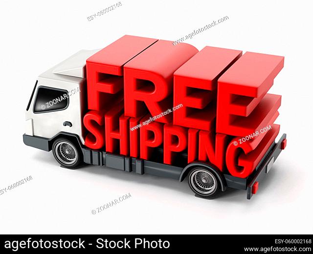 Free shipping text standing on delivery truck. 3D illustration