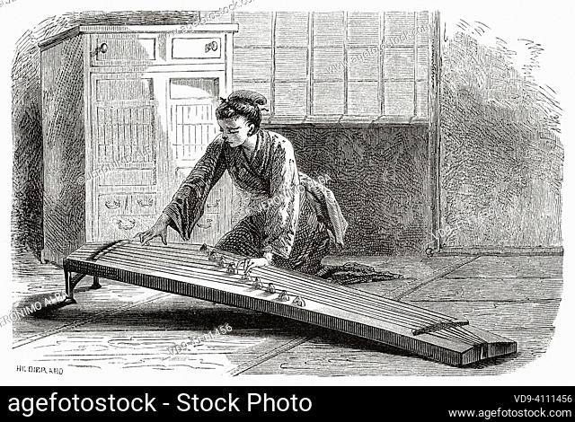 Japanese musician gril playing a koto, Japanese stringed musical instrument. Japan, Asia. Journey to Japan by Aime Humbert 1863-1864 from Le Tour du Monde 1867