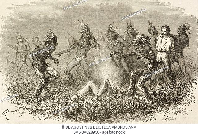 Plains Indians set fire to a prisoner, drawing by Janet Lange (1815-1872) after an American document, from The American prairies