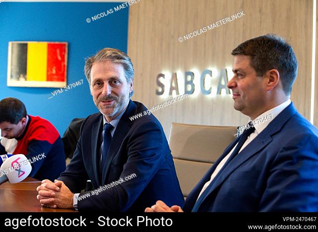 SABCA CEO Thibauld Jongen and Sabena Aerospace CEO Stephane Burton pictured during a press conference at the headquarters of Belgian aerospace supplier Saca