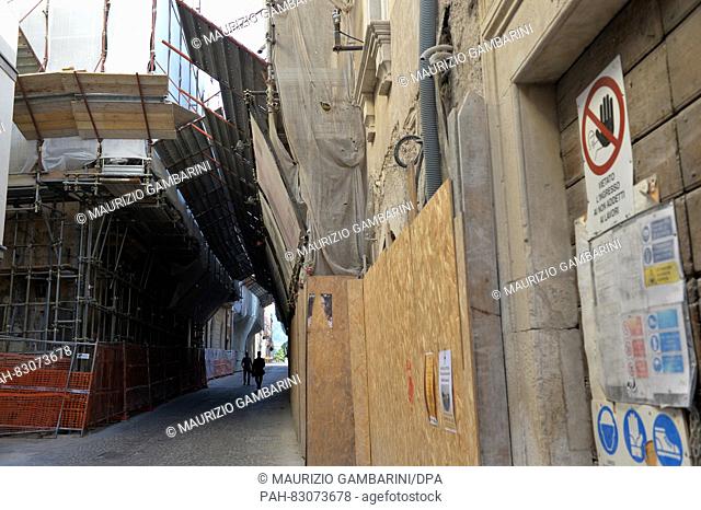 Houses which were damaged as a result of an earthquake in April 2009 and are in the process of being restored, in L' Aquila, Italy, 25 August 2016