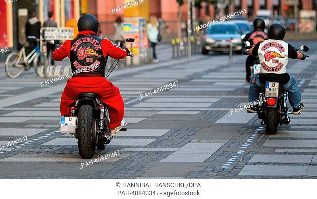Bikers of biker club 'Red Devils' drive their motorcycles on Alexanderplatz in Berlin, Germany, 02 July 2013. The 'Red Devils' are considered supporters of...