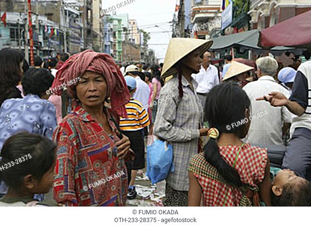 People crowded outside Chua Ba Thien Hau, Ho Chi Minh City, Vietnam