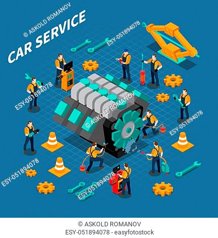 Car service isometric composition with people equipment and tools symbols vector illustration