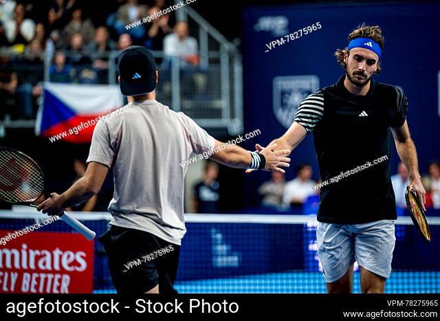 Greek Petros Tsitsipas and Greek Stefanos Tsitsipas pictured in action during the doubles final match between the brothers Tsitsipas and Urugayan-Czech couple...