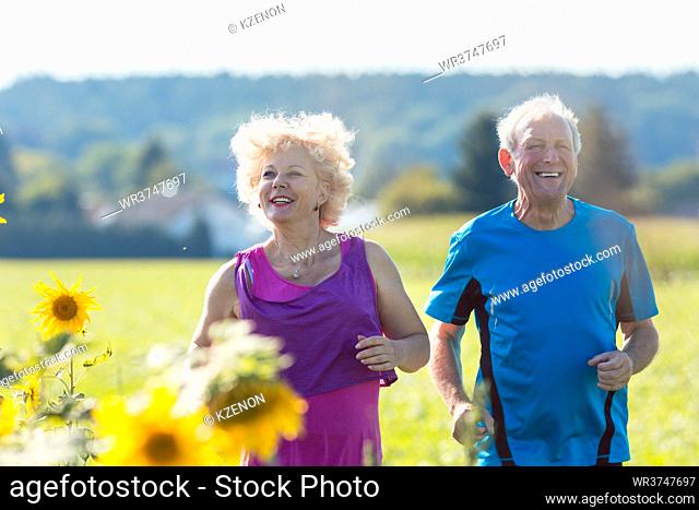 Cheerful senior couple with a healthy lifestyle jogging together side by side outdoors in the countryside in summer