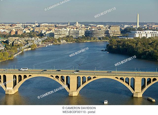 USA, Washington, D.C., Aerial photograph of Potomac River and Key Bridge