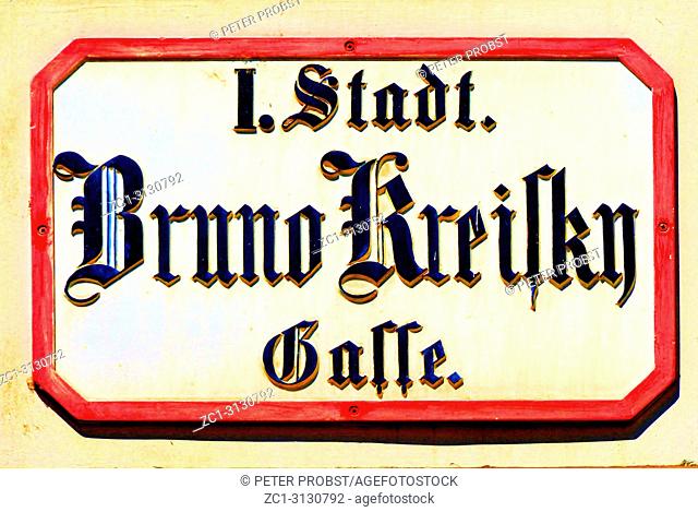 Street sign of the Bruno Kreisky Gasse in Vienna with the name of the Austrian Chancellor Kreisky from 1970 to 1983 - Austria