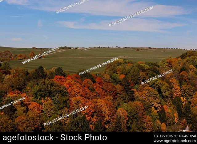 05 October 2022, Saxony-Anhalt, Rübeland: View over the autumn colored forest to the meadows in the Upper Harz. The cave village of Rübeland is a district of...